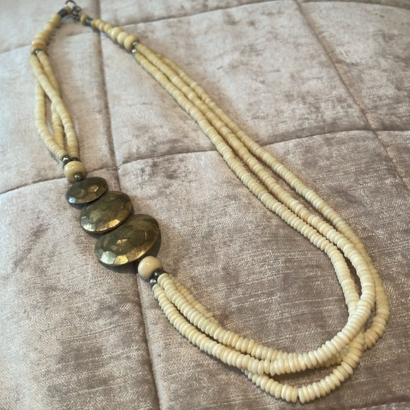 Abstract 3 Layer Cream & Brass Necklace 24” - Picture 6 of 7